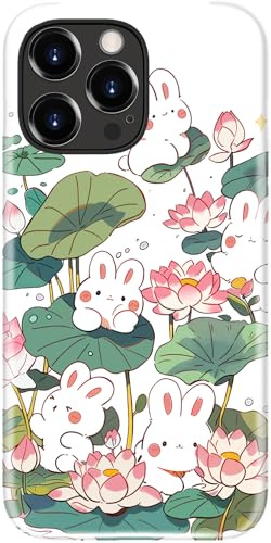 DEENAKIN for iPhone 13 Pro Max Case Cute - Wireless Charging Compatible - Dual-Layer Soft Silicone + Hard Shell - Stylish Wildflower Design - Chic Phone Cover for Women - Rabbits Among Lotus