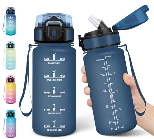 Motswedi Gourde Enfant, 500 ml Anti-Fuite, Gourde Paille, avec Marqueur de Temps, Bouteille d'eau, Poignée de Transport, Bouteille avec Paille, pour L’école, Sport, Yoga, Bleu Foncé