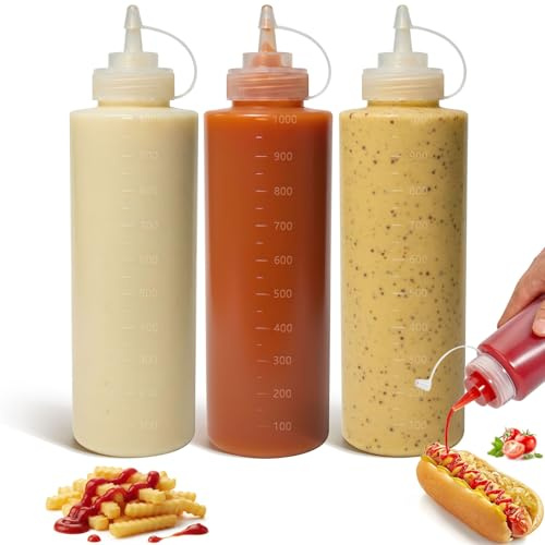 OAMCEG Sauce Squeeze Bottles,3 Pack 32oz/1000ml Plastic Condiment Bottles | Squeezy Sauce Bottle with Caps Ketchup & Condiment Bottles with Measurement for Syrup, Dressings, Mayonnaise,Hot Sauce