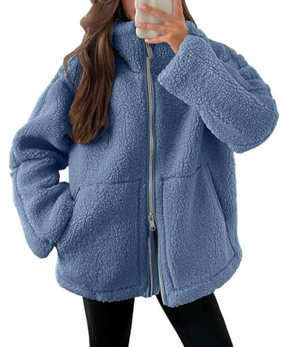 Generisch Teddyjacke Damen Fleecejacke, Warme Dicke Freizeit Zwei-Wege Reißverschluss Winterjacke,mit Taschen und Reißverschluss, Plüschjacke Einfarbig Kuscheljacke