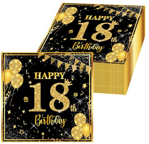 40 Stück Servietten 18. Geburtstag Junge,Deko 18 Geburtstagn Mann,33x33 cm Ervietten Mädchen Happy Birthday zum Geburtstagsdeko Tischdekoration,Servietten Schwarz Gold Series Geburtstagsparty