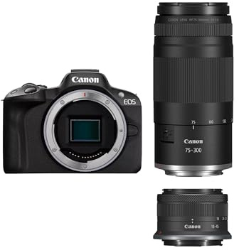 Canon EOS R50 Systemkamera + RF-S 18-45mm + RF 75-300mm Doppelzoom Kit - Spiegellose Kamera (Digitalkamera mit Autofokus + Motiverkennung für Personen Augen Tiere Fahrzeuge, 4k Video.) schwarz