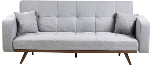 Beliani 3-Sitzer Sofa Stoff grau gepolstert gesteppt mit Schlaffunktion 2 Kissen Dunkle Metallbeine Hjulby