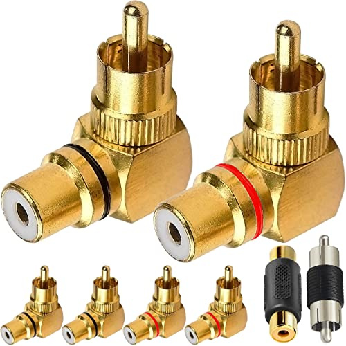 HAAMNING7 RCA Right Angle Adapter, 90 Degree RCA Phono Plug Female to Male Gold-Plated Connector 6 PCS (3 Red, 3 Black) for RCA Cable DVD Amplifier Speaker Car Stereo