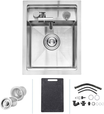Évier de Cuisine, 30 x 45 cm Évier de Bar de Cuisine Dissimulé avec Robinet Pliable, en acier inoxydable 304, Encastrable Simple Vasque de Bar et Planche à Découper, pour Petite Restaurant, Brossé