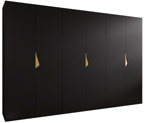 MEBLE KRYSPOL - Kleiderschrank - Garderobenschrank - 300 cm x 202 x 52 cm - Schrank mit Kleiderstange, 6 Türen - für Schlafzimmer, Flur - SANDI, Schwarz, Griff Gold