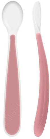 Chicco Set 2 Cucchiai in Silicone Morbido 6m+, Cucchiaio Svezzamento con Punta Flessibile Salva-Gengive, Manico Lungo Ergonomico e Design Igienico, Senza BPA, Confezione da 2 Pezzi