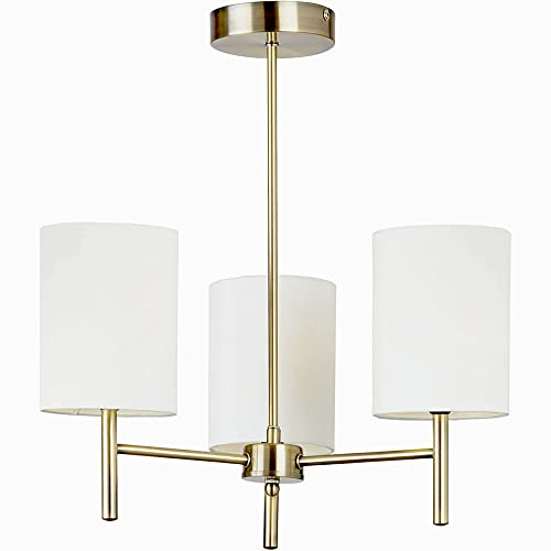 Endon Brio 3-Arm Pendant Light - E14 Semi Flush Ceiling Light Fitting in Antique Brass and Cream Faux Silk Fabric Shades - 3 x 40W Golf Bulbs (Not Included)