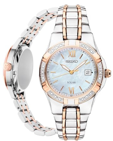 SEIKO SUT068 Watch for Women - Diamond Collection - with 18 Diamond Accents, Solar Power, Mother-of-Pearl Dial, Two-Tone Gold Stainless Steel Case & Bracelet, and Water-Resistant to 50m
