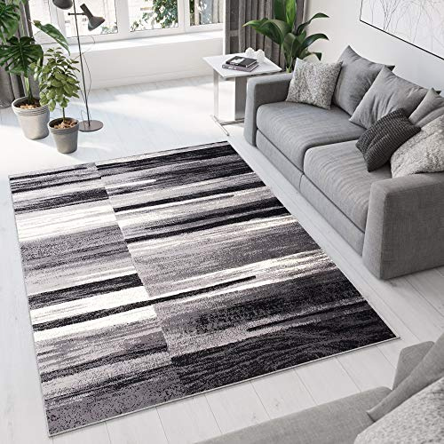 TAPISO Dream Teppich Wohnzimmer Kurzflor Modern Grau Creme Schwarz Streifen Vierecke Meliert Küche Schlafzimmer Esszimmer ÖKOTEX 130 x 190 cm