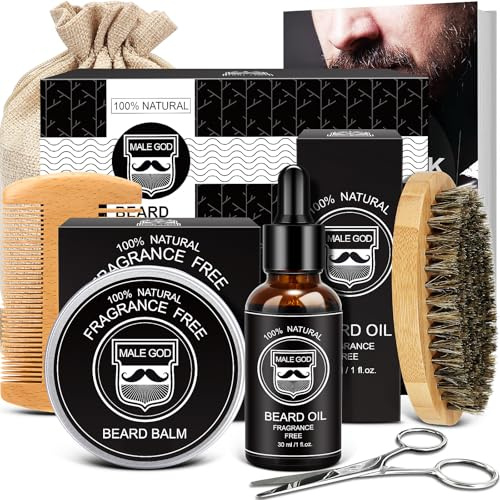 MALE GOD Beard Kit for Men Grooming & Care, Beard Growth Kit w/Natural Ingredients Beard Oil, Balm, Brush, Comb, Father's Day & Chirismtas & Birthday Gifts for Men Dad Him Husband Boyfriend