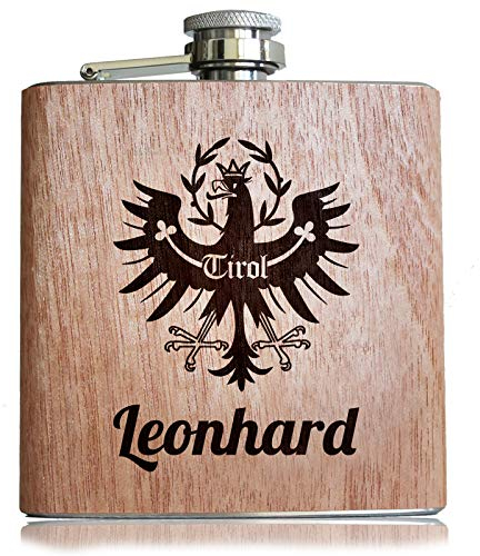Pixelstudio Tirol Holz Flachmann mit persönlicher Namens Gravur Geschenk individuell für Tiroler Bua & MADL mit Wappen Adler