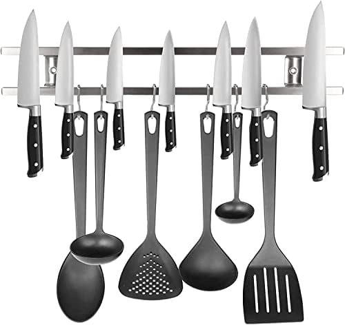 Newthinking Kitchen Magnetic Utensil Holder, 16 Inch Wall Utensil Knife Rack with 6 Hooks, Magnetic Double Rails Knife and Utensil Holder for Kitchen