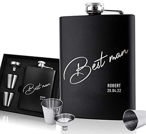 EDSG Personalised Hip Flask | Engraved Stainless Steel Whisky Flask 6oz Pocket Flask | Custom Gift for Best Man Groomsman Father Wedding Birthday Christmas | Hand Finished in UK (Best Man)
