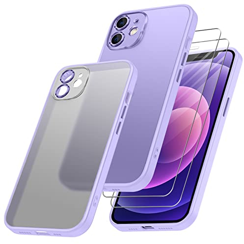 Qasyfanc Matt Handyhülle Kompatibel mit iPhone 12, Hülle mit Kameraschutz und 2 Stück Schutzfolie, Hard PC Nie Vergilbung Case Militärschutz Kratzfest rutschfest Schutzhülle, Leicht Klar Lila