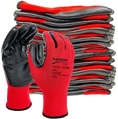 Supreme TTF 24 Pairs PREMIUM NITRILE COATED Red Nylon Work Gloves Builders Gardening Grip (XL [Size 10])