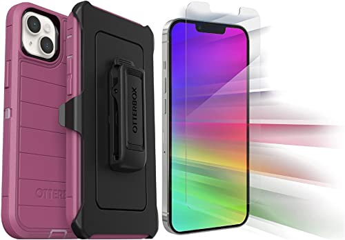 OtterBox Defender Series Case for iPhone 14 Plus (Only) - with Zagg Glass Elite Clear Screen Protector - Holster Clip Included - Microbial Defense Protection - Non-Retail Packaging - Morning Sky(Pink)