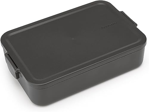 Brabantia - Make & Take Fiambrera - Grande - Espacio para Bocadillos - Tapa con Clips - Apta para Congelador, Microondas & Lavavajillas - Gris oscuro - 25,5 x 16,7 x 6 cm
