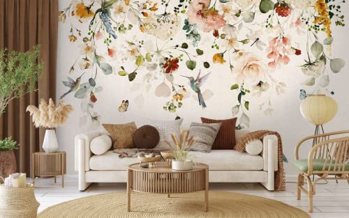 Naturempress Papier Peint Panoramique Oiseau Fleuri Aquarelle Papier Peint Intissé 3D Tapisserie Poster Decoration Murale Chambre Salon