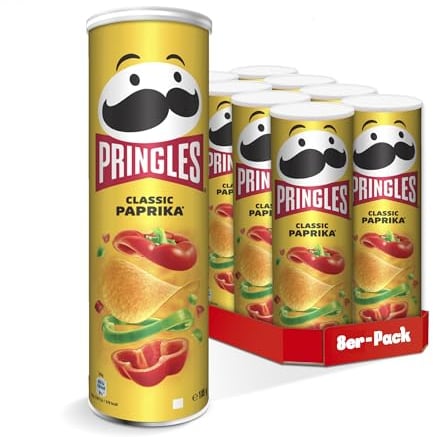 Pringles Classic Paprika (8 x 165 g) – der unwiderstehliche Snack-Klassiker in der praktischen Dose – knackige Chips mit Paprika-Geschmack – Pop. Play. Eat.