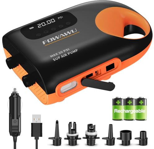 FOWAWU Gonfleur Electrique Paddle 3 * 7800 mAh, Pompe Paddle Electrique 20 PSI, Gonfler et Dégonfler Système à Deux Vitesses 12 V CC, Arrêt Automatique pour Kayak, tentes, Bateaux