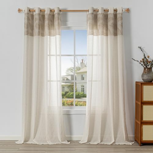 MYSKY HOME Gardinen mit Ösen Leinenoptik Vorhang Kinderzimmer Gardine Halbtransparent Boho Vorhänge Moderner Natürlicher Blattmuster 2er Set H 225 x B 140 cm Geeignet für Wohnzimmer, Braun