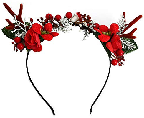 Vakkery Bandeau Noël Serre-tête en Bois de Renne avec Fleur Costume de Noël Accessoires de Cheveux de Fête pour Femmes et Filles (A)