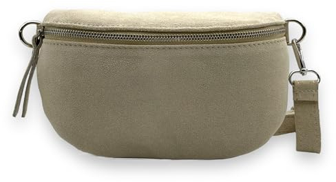 Wildleder Bauchtasche Damen Crossbody Bag Velours Gürteltasche Hüfttasche Bodybag Schultertasche Silberner Reißverschluss (Beige)