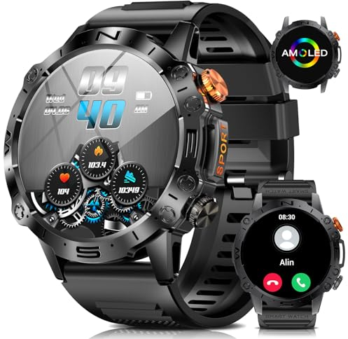 ESFOE Militär Smartwatch Herren,1,43 AMOLED Fitnessuhr mit Telefonfunktion,126+ Sportmodi IP68 460mAh Pulsuhr,24 Schlafmonitor for Android iOS