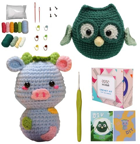 XKDOUS Häkelset für Anfänger, Tierlern-Stricksets für Erwachsene mit detaillierten bildlichen Anleitungen und Schritt-für-Schritt-Video-Tutorials (Eulen und Schwein).