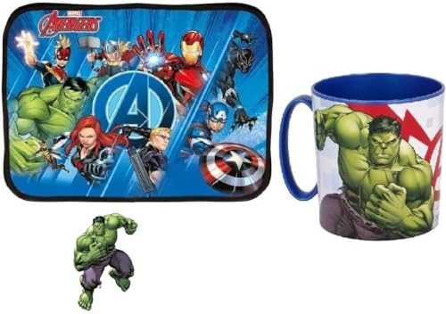 ILS I LOVE SHOPPING Ensemble de 2 pièces pour Petit-déjeuner avec Set de Table Pliable et Souple et Tasse de 350 ML pour Micro-Ondes (Avengers Hulk)