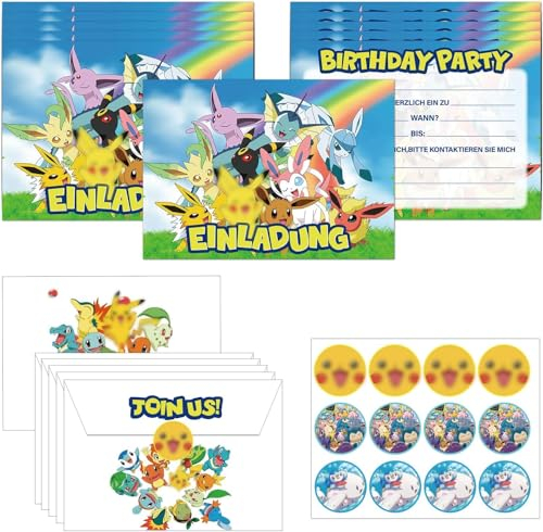 NEUNEL Einladungskarten Kindergeburtstag, 12x Einladungskarten Geburtstag + 12x Umschlag + 12x Aufkleber, Deutsche Version Einladung Kindergeburtstag, Geburtstagseinladungen Mädchen/Junge