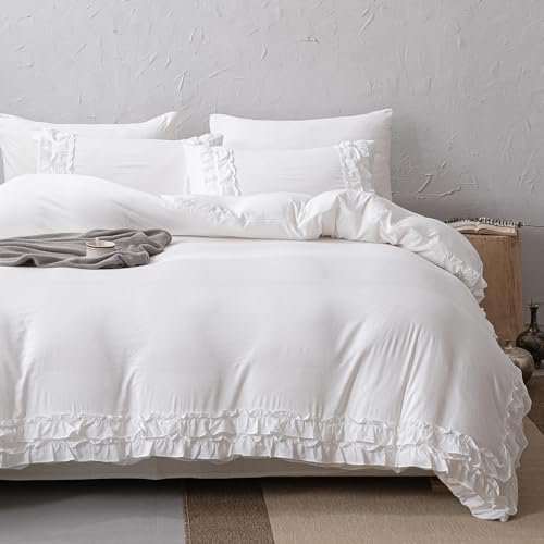 Herside Weiß Rüsche Bettwäsche Set 200x200 Böho Bettwäsche Weiß 2-Schicht Rüschen Design Weich Mikrofaser Bettbezug 2 Kissenbezüge 80x80 cm (Weiß, 200 x 200 cm)