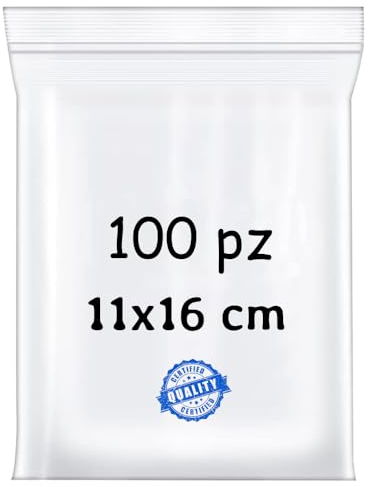 BUY SAFE - Sacchetti Plastica Richiudibili, Sacchetti Ermetici per Alimenti, Vestiti e Oggetti con Chiusura a Cerniera, Buste Trasparenti Richiudibili Resistenti e Riutilizzabili, 11x16-100 Pz