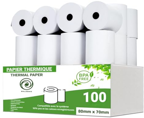 Rollgenio Rouleaux de Papier Thermique Premium 80x70x12 mm pour Imprimantes EPOS et POS Compatibles avec Toutes les Marques (Paquets de 20, 40, 60, 80, 100, 120) (100)