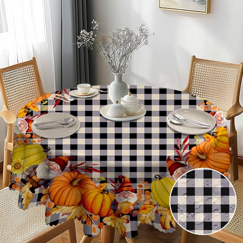 G-dake Tischdecke Abwaschbar Rund, Herbstliche Tischdecke Rund, Gitter Kürbis Tischdecke Outdoor, Wasserdichtes Polyester Runde Tischdecken für Draußen Küche, Esstisch, Parteien Herbst(150cm)