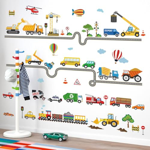decalmile Wandtattoo Zug Transporte Straße Auto Wandaufkleber Fahrzeuge Bagger Traktor Wandsticker Kinderzimmer Babyzimmer Junge Spielzimmer Wanddeko
