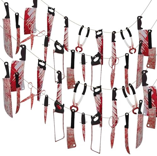 4 Stück Halloween Deko Horror Banner, Halloween Hängedeko mit Blut Messer, Horror Party Dekoration, für Outdoor, Indoor, Party, Fenster, Tür Wand Deko