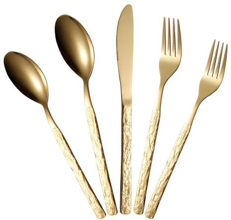 LHLZNB 5 Pieces Gold Cutlery Sets,Cutlery Set,Stainless Steel Flatware Set for, Spoon Knife and Fork Sets, Mirror Polished and Dishwasher Safe, Silverware Set for Home, Kitchen. (Golden)