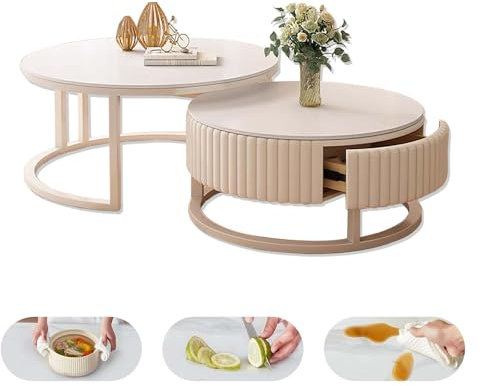 MDXVRKYBC Runder Couchtisch Weiß 2er Set Rund Wohnzimmertisch 50+70cm Nested Beistelltisch, Silent Drawer Organizer, Moderne Satztische Kaffeetisch Für Schlafzimmer Wohnzimmer