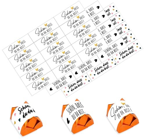 135x Aufkleber Schön, dass du da bist – Dankeschön Geschenke & Gastgeschenke Konfirmation & Kommunion, Deko für Schokolade, Hochzeit & Geburtstag – Selbstklebende Sticker als Anhänger in 3 Designs