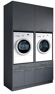 Laundreezy Waschraum Komplett-Set Anthrazit Modulares Schranksystem | 135 x 238 x 68 cm (B/H/T) Komplettlösung für Waschküche, Hauswirtschaftsraum. Keller, Bad, mit Stauraum, Softclose