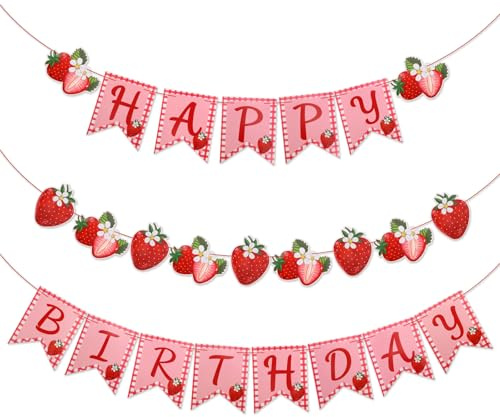 Erdbeer-Happy-Birthday-Banner, Vorgespannte Süße Beeren-Erdbeer-Girlande zum Aufhängen Geburtstagsbanner Ideale Babyparty Rote Früchte Mottoparty Gender-Reveal-Party Dekorationszubehör