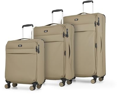 Rock Harper Set of 3 Soft Shell Suitcases in Beige - Lightweight, Sleek & Minimalist Design - Telescopic Handle, 360 Swivel-Wheels & TSA Combination Lock - Includes Small, Medium & Large