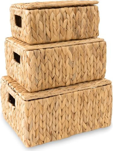 Natürlicher Rattan Korb mit Deckel 3er Set, Aufbewahrungskiste mit Deckel aus Seegras, geflochtener Korb mit Griffen für Wohnzimmer, Küche, Kleiderschrank