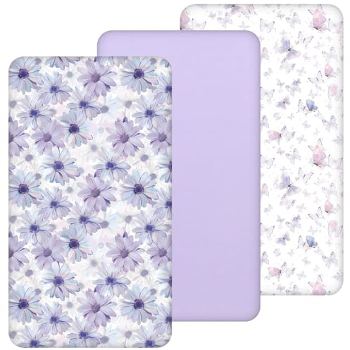 Yukkidds Spannbettlaken 70x140cm Baby 3er-Pack Bettlaken Für Babybett Atmungsaktiv Mikrofaser Elastizität Spannbettlaken Beistellbett Lila Gänseblümchen