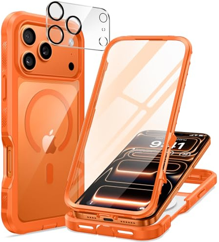 seacosmo Magnetic for iPhone 17 Pro Case 6.3'', Compatible with MagSafe [Built-in 9H Tempered Glass Screen Protector + Camera Protection] Full Body Bumper Clear Back Cover for iPhone 17 Pro, Orange