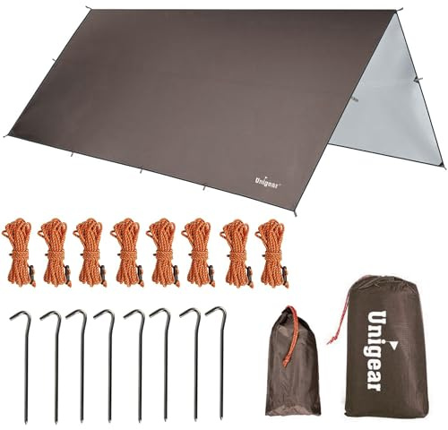 Unigear Tarp 3x3 3x4 3x5 4x4 wasserdicht, Zeltplane für Hängematte mit Ösen + 6/8 Erdnägel + 6/8 Seilen, Regenschutz Sonnenschutz kompakt für Ourdoor Camping Wandern Hängematte