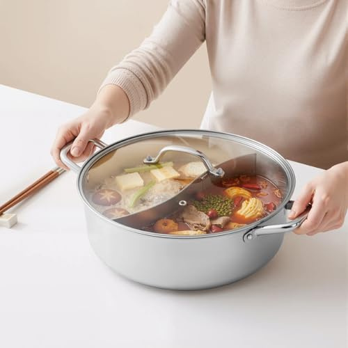 Mqwdxzfes 32cm 304 Edelstahl Hot Pot Feuertopf mit Trennwand, Rechteckiger Teilbarer Kochtopf mit Glasdeckel, Schöpfkelle & Schaumlöffel, 2-in-1 Familien Suppentopf für Induktionskochfeld, Gasherd