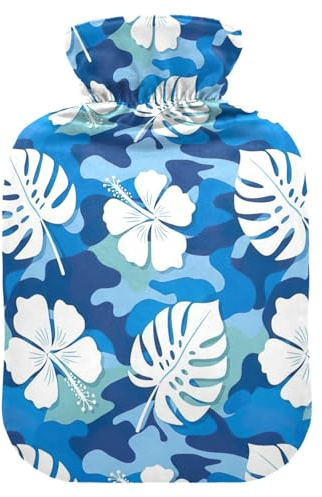 Hibiscus Monstera Camo Blue Hot Water Bottle with Soft Cover Feet and Bed Warmer Hot Water Bag for Foot Bed Warmer Pain Relief Medium